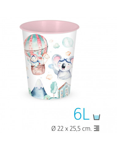 Tradineur - Papelera de plástico decorada infantil, cubo de basura cilíndrico para estudio, dormitorio de niños (Modelo "Volar",
