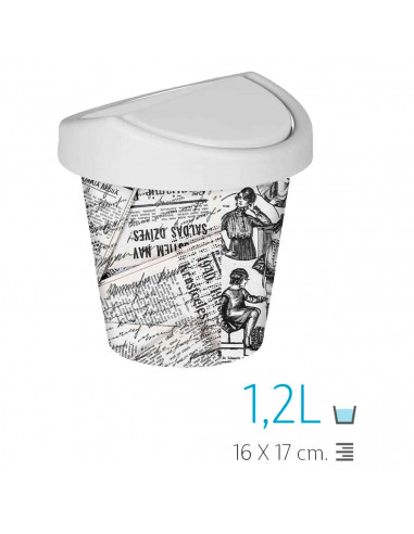 Tradineur - Mini papelera - Fabricado en plástico - Tapa giratoria con diseño de periódico antiguo - ideal para oficina, escrito