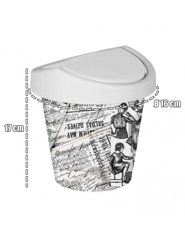 Tradineur - Mini papelera - Fabricado en plástico - Tapa giratoria con diseño de periódico antiguo - ideal para oficina, escrito