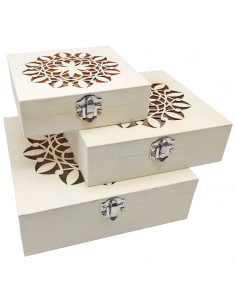 Tradineur - Set de 3 cajas de madera natural con tapa decorada, juego cajas decorativas sin tratar, cierre metálico, almacenaje