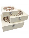 Tradineur - Set de 3 cajas de madera natural con tapa decorada, juego cajas decorativas sin tratar, cierre metálico, almacenaje