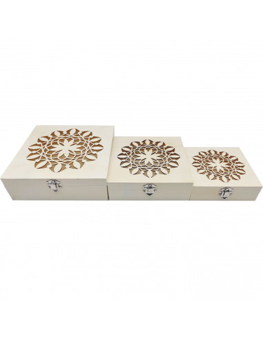 Tradineur - Set de 3 cajas de madera natural con tapa decorada, juego cajas decorativas sin tratar, cierre metálico, almacenaje