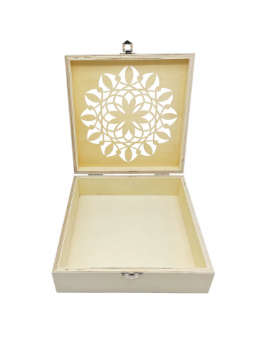 Tradineur - Set de 3 cajas de madera natural con tapa decorada, juego cajas decorativas sin tratar, cierre metálico, almacenaje