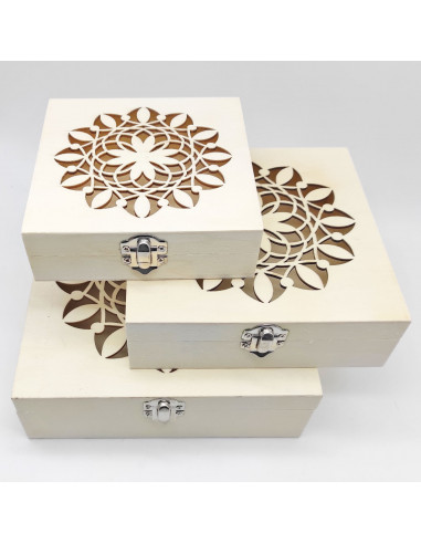 Tradineur - Set de 3 cajas de madera natural con tapa decorada, juego cajas decorativas sin tratar, cierre metálico, almacenaje