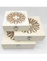 Tradineur - Set de 3 cajas de madera natural con tapa decorada, juego cajas decorativas sin tratar, cierre metálico, almacenaje