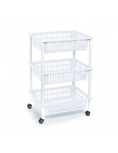 Tradineur - Carro verdulero blanco modelo PLFT con ruedas 3 cestas 40 x 30 x 61,5 cm . Carrito portaobjetos estantes multiusos p