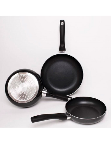 Tradineur - Set de 3 sartenes de aluminio antiadherente "Fusion Black", mango ergonómico soft touch, para todas las cocinas, Ø 1