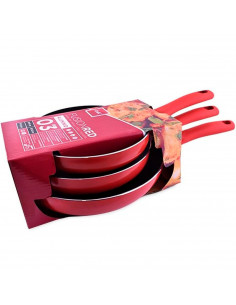 Tradineur - Set de 3 sartenes antiadherentes de aluminio "Fusion Red", mango ergonómico soft touch, para todas las cocinas, Ø 18