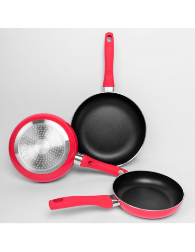Tradineur - Set de 3 sartenes antiadherentes de aluminio "Fusion Red", mango ergonómico soft touch, para todas las cocinas, Ø 18