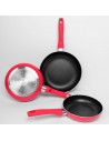 Tradineur - Set de 3 sartenes antiadherentes de aluminio "Fusion Red", mango ergonómico soft touch, para todas las cocinas, Ø 18