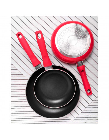Tradineur - Set de 3 sartenes antiadherentes de aluminio "Fusion Red", mango ergonómico soft touch, para todas las cocinas, Ø 18