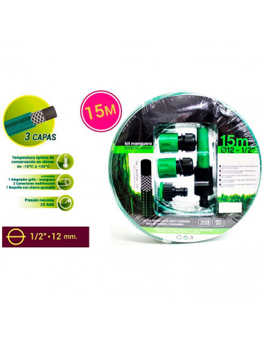 Tradineur - Manguera de riego con accesorios, flexible, 3 capas, regar jardín, huerto, coche, labores agrícolas, 20 bar, Ø12 mm,