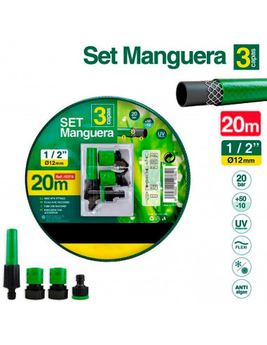 Tradineur - Manguera flexible de riego con accesorios, 3 capas, regar jardín, huerto, coche, labores agrícolas, 20 bar, Ø12 mm,