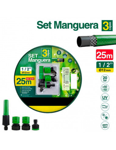 Tradineur - Manguera de riego flexible 3 capas con accesorios, regar jardín, huerto, coche, labores agrícolas, 20 bar, 1/2'',