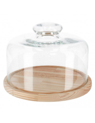 Tradineur - Quesera redonda con tapa de cristal y base de madera, recipiente para guardar quesos o embutidos, presentación de al