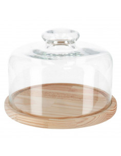 Tradineur - Quesera redonda con base de madera y tapa de cristal, recipiente para guardar quesos o embutidos, presentación de al