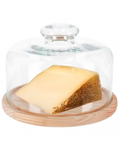 Tradineur - Quesera redonda con base de madera y tapa de cristal, recipiente para guardar quesos o embutidos, presentación de al