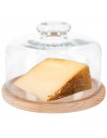 Tradineur - Quesera redonda con base de madera y tapa de cristal, recipiente para guardar quesos o embutidos, presentación de al