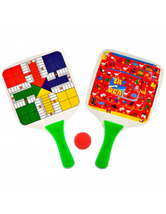 Tradineur - Palas de playa con pelota y tableros de parchís y oca, raquetas de madera y plástico, deporte, adultos y niños, 35 x