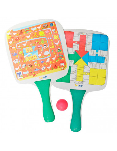 Tradineur - Palas de playa con pelota y tableros de parchís y oca, raquetas de madera y plástico, deporte, adultos y niños, 35 x