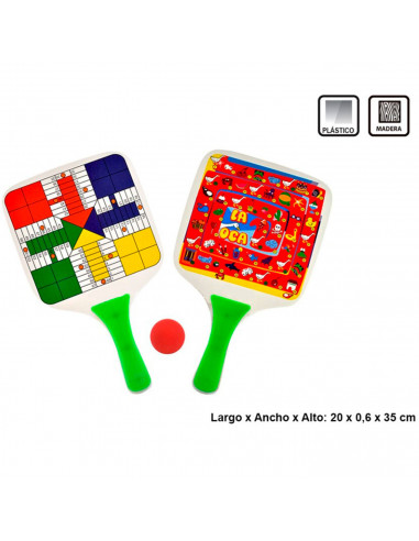 Tradineur - Palas de playa con pelota y tableros de parchís y oca, raquetas de madera y plástico, deporte, adultos y niños, 35 x