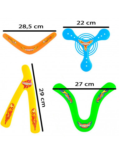 Tradineur - Set de 4 boomerang para principiantes, bumeranes de plástico multicolor, actividades deportivas infantiles y en fami