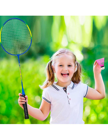 Tradineur - Set de 2 raquetas de bádminton para niños, incluye 1 volante y funda con correa, vacaciones, jardín, playa, 66 x 20