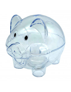 Tradineur - Hucha de cerdito transparente - Fabricado en plástico - Decoración para el hogar y regalo original. - 10,5 x 10,5 x