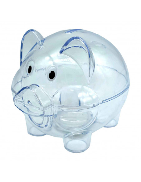 Tradineur - Hucha de cerdito transparente - Fabricado en plástico - Decoración para el hogar y regalo original. - 10,5 x 10,5 x