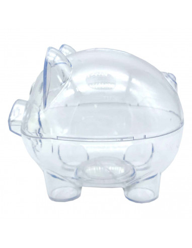 Tradineur - Hucha de cerdito transparente - Fabricado en plástico - Decoración para el hogar y regalo original. - 10,5 x 10,5 x