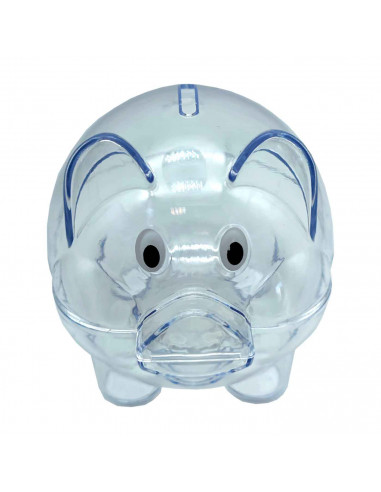 Tradineur - Hucha de cerdito transparente - Fabricado en plástico - Decoración para el hogar y regalo original. - 10,5 x 10,5 x