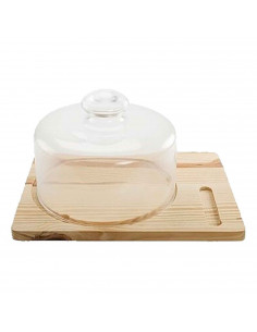 Tradineur - Quesera redonda con tapa fabricada en vidrio y base de madera rectangular - Recipiente para conservar queso o embuti