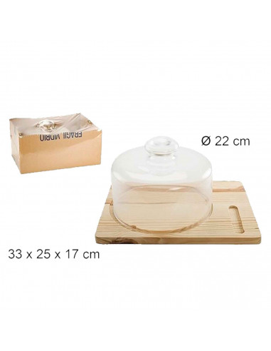 Tradineur - Quesera redonda con tapa fabricada en vidrio y base de madera rectangular - Recipiente para conservar queso o embuti