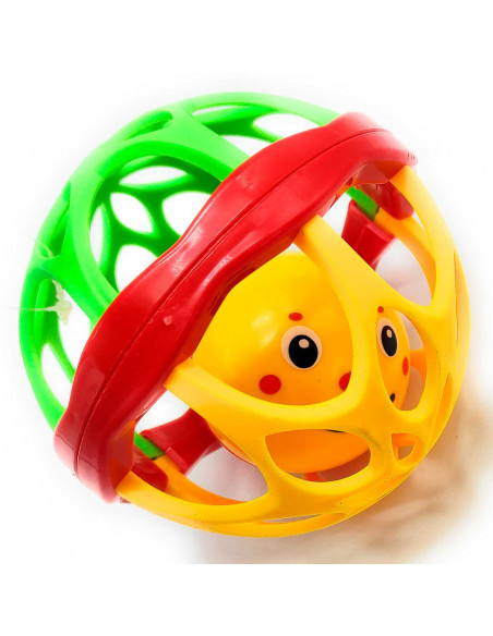 Tradineur - Bola sonajero de plástico con cara sonriente, juguete con sonido para bebés, niños, blando, fácil de agarrar, Ø 11 c