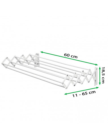 Tradineur - Tendedero extensible metálico para pared, 5,4 metros de tendido, soporte plegable para tender ropa (Blanco, 60 x 11-