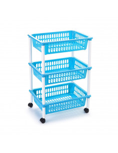 Tradineur - Carro verdulero azul claro modelo PLFT con ruedas 3 cestas 40 x 30 x 61,5 cm. Carrito portaobjetos estantes multiuso