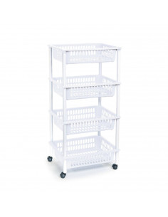 Tradineur - Carro verdulero blanco modelo PLFT con ruedas 4 cestas 85 x 40 x 30 cm . Carrito portaobjetos estantes multiusos par
