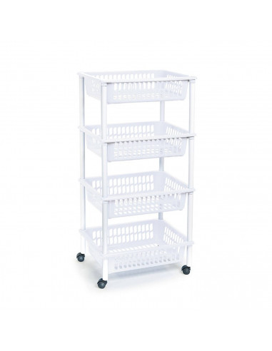 Tradineur - Carro verdulero blanco modelo PLFT con ruedas 4 cestas 85 x 40 x 30 cm . Carrito portaobjetos estantes multiusos par