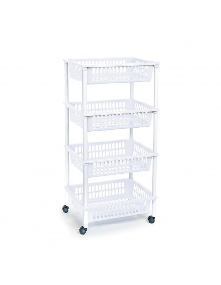 Tradineur - Carro verdulero blanco modelo PLFT con ruedas 4 cestas 85 x 40 x 30 cm . Carrito portaobjetos estantes multiusos par