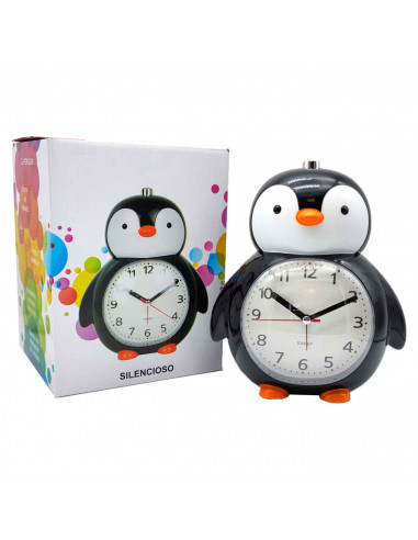 Tradineur - Reloj infantil analógico, despertador con diseño de pinguino - Multifunciones - Fabricado en plástico resistente - 2