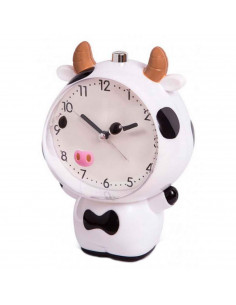 Tradineur - Reloj infantil analógico, despertador con diseño de vaca - Multifunciones - Fabricado en plástico resistente - 20 x