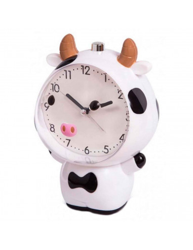 Tradineur - Reloj infantil analógico, despertador con diseño de vaca - Multifunciones - Fabricado en plástico resistente - 20 x