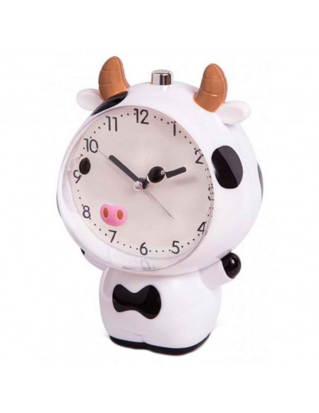 Tradineur - Reloj infantil analógico, despertador con diseño de vaca - Multifunciones - Fabricado en plástico resistente - 20 x