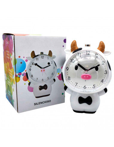 Tradineur - Reloj infantil analógico, despertador con diseño de vaca - Multifunciones - Fabricado en plástico resistente - 20 x