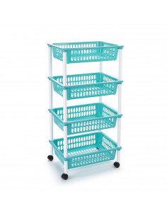 Tradineur -  Carro verdulero turquesa modelo PLFT con ruedas 4 cestas 85 x 40 x 30 cm . Carrito portaobjetos estantes multiusos