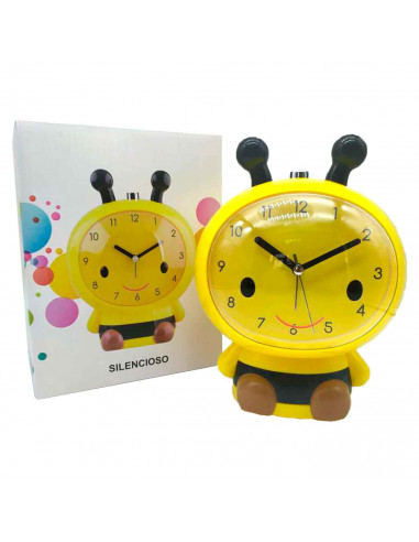 Tradineur - Reloj infantil analógico, despertador con diseño de abeja - Multifunciones - Fabricado en plástico resistente - 20 x