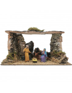Tradineur - Pesebre con figuras, cueva de nacimiento para belén 14,5 x 27 x 15 cm, corcho y resina, portal de belén con el niño