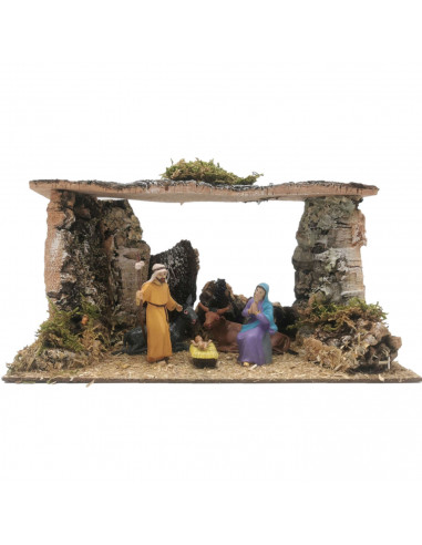 Tradineur - Pesebre con figuras, cueva de nacimiento para belén 14,5 x 27 x 15 cm, corcho y resina, portal de belén con el niño
