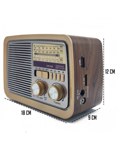 Tradineur - Radio vintage "POP" con diseño clasico - Sintonizador AM/FM/SW - Sintonizador con Indicador - Bluetooth - Conector U