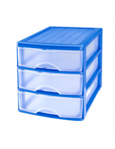 Plastic Forte - Cajonera de sobremesa guadiana, azul, 3 cajones transparentes 18 x 17 x 21,5 cm. Torre de almacenaje multiusos,